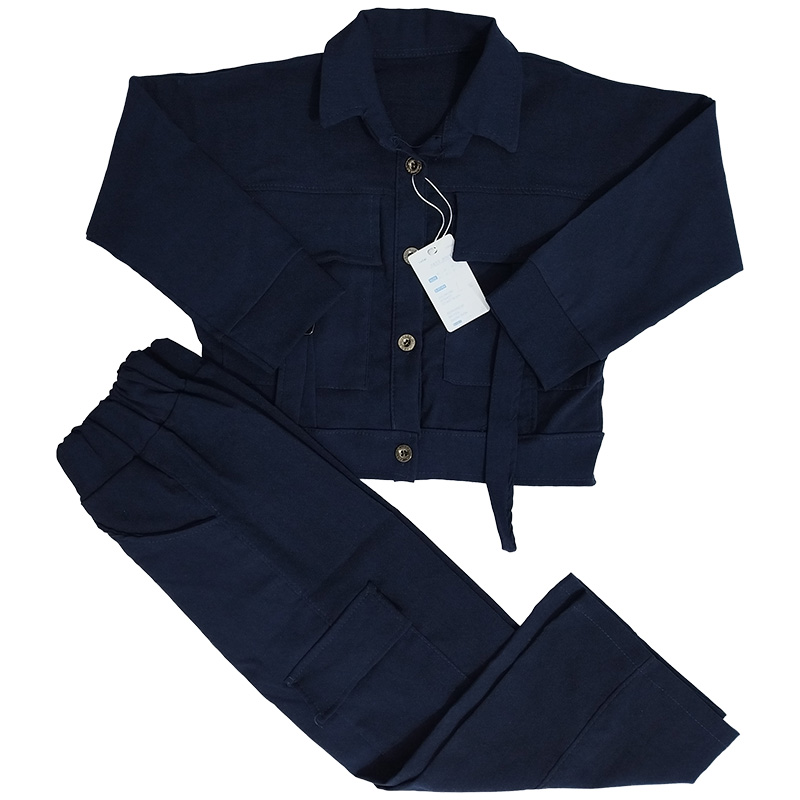 کت و شلوار کتان دخترانه سگک دار رنگ سرمه ای سایز2(A6961)